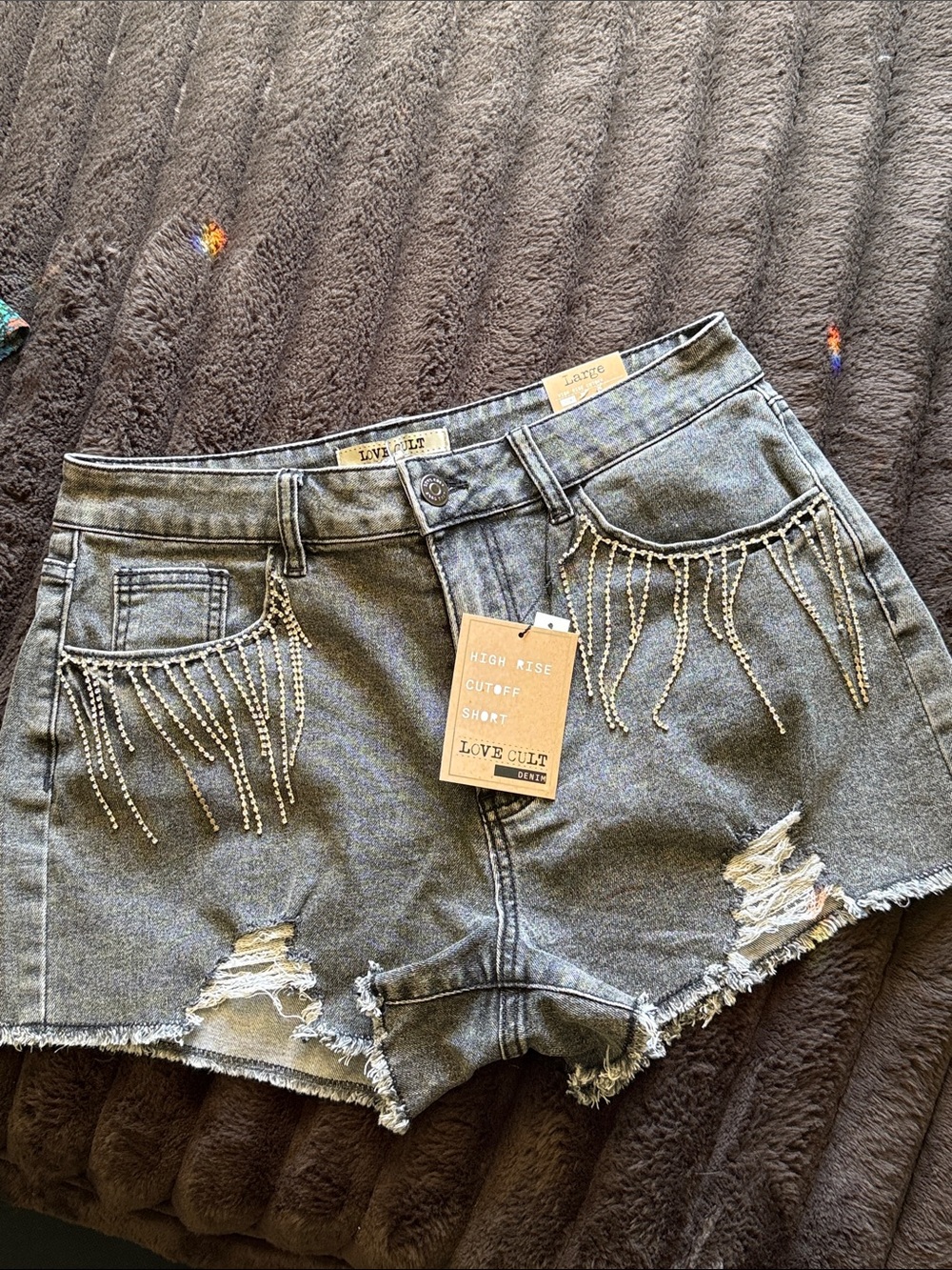 Lange Gray Distressed Jean Shorts with Rhinestone Fringe